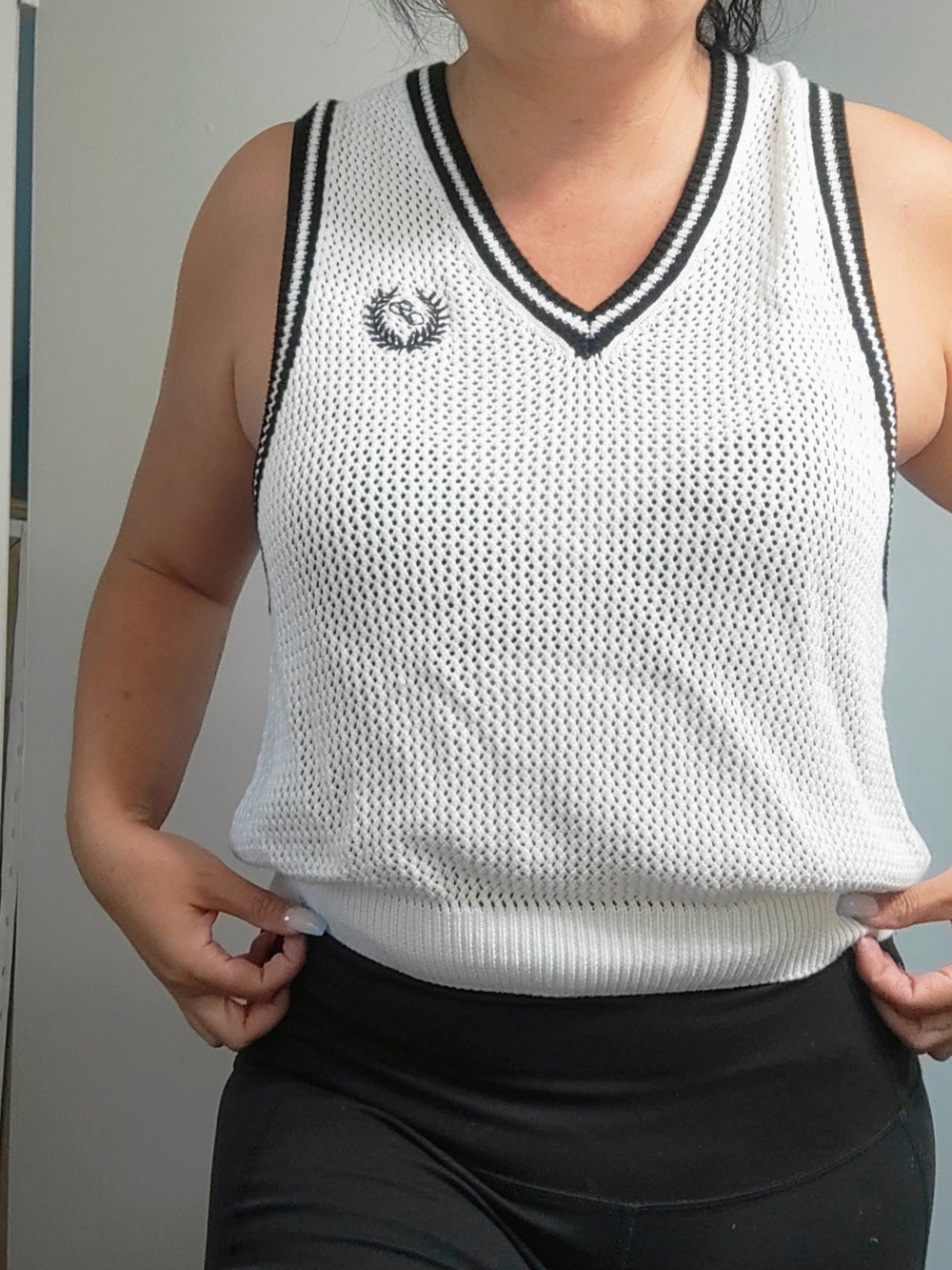 White V-Neck Mesh Knit Tank Top - Classic Contrast Trim